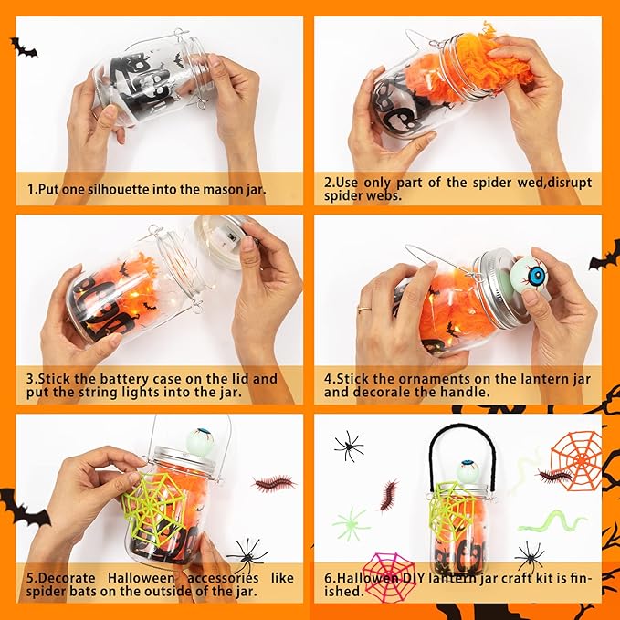 Shemira Halloween Craft Kit for Kids, 4 pcs Glass Mason Jar with Accessories for DIY Lantern Jar, Halloween Art & Craft Party Supplies, Halloween Art Activities,Halloween Craft and Art Party Supplies