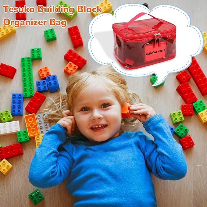 Tesuko 6 Pack Clear Toy Storage Bag with Name Tag& Manual Pocket, Waterproof Transparent PVC Toy Organizer Case for Lego Bricks, Board Games, Building Blocks, Puzzles (Large Capacity, Full Colourful)