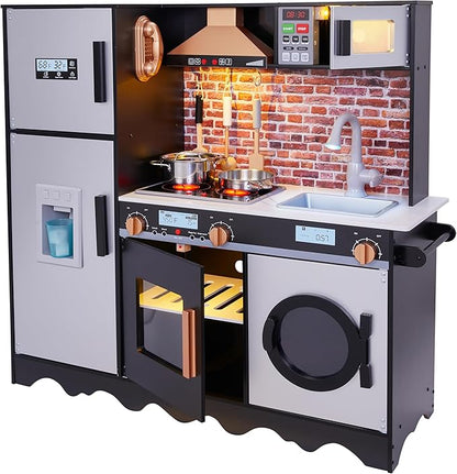 Lil' Jumbl Jumbl Kids Kitchen Set, Pretend Wooden Play Kitchen, Battery Operated Icemaker, Microwave, Range Hood, Stove Top, Oven, with Realistic Sound & Lights, Pots, Pan, & Utensils Included