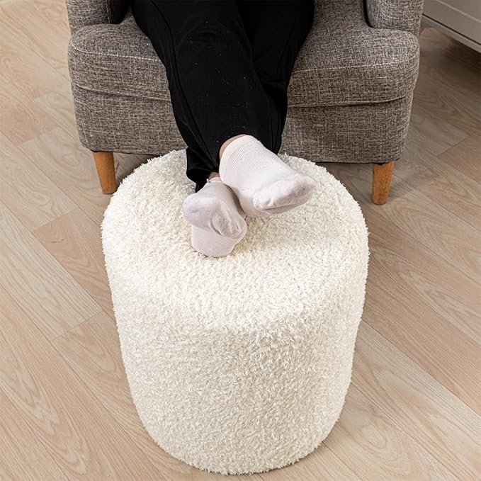 Round Ottoman Soft Chair 14.6x14.6x18 Inches Boucle Ottoman Multifunctional Ottoman Foot Rest Fluffy Fur Ottoman Stool Pouf Footrest Stool for Living Room Bedroom (Cream)