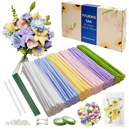 YYUENGTAK 500 Pcs Pipe Cleaner Flower kit with tutoria,Pipe Cleaners Craft(6 Colors)，Chenille Stems Flowers Craft kit with 20 pcs Green Floral Wires,Gardening Tape,Stamen(2 Colors),Pearl Beads,pompoms