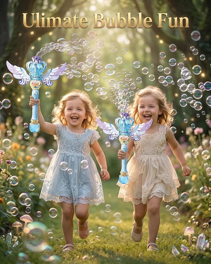 Uregoio Princess Bubble Wands Machine for Kids with Rotating Design, Outdoor Bubble Maker Toys for Kids Ages 4-8, Rechargeable Light Up & Music Fairy Wands, Party Birthday for 3+ Year Old Girls(Blue)