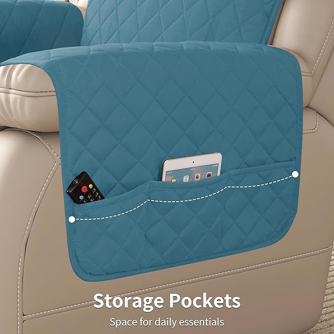 CHUN YI Recliner Chair Cover, Non-Slip Recliner Covers That Stay in Place, Washable Lazy Boy Recliner Covers with Pockets, Water Resistant Recliner Slipcover for Pets (Blue, Small Recliner)