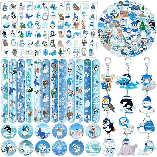 98 PCS Winter Arctic Animals Party Favors, Winter Arctic Polar Animals Stickers Temporary Tattoos Slap Bracelets Keychains Badges Arctic Animals Birthday Party Decorations Supplies for Kids