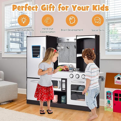 HOMGX Multi-Function Children's Kitchen Toy Set, Wooden Chef Pretend Toy Set w/Microwave, Stove, Sink, Faucet, Storage Cabinet & Shelf,Children's Play Kitchen for Boys & Girls Over 3 Years Old