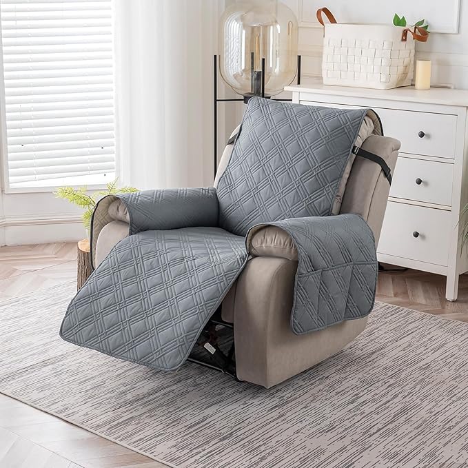 Easehomey 100% Waterproof Recliner Chair Covers, Non Slip Dog Chair Cover Furniture Protector Washable Chair Cover with Pocket, Elastic Straps for Kids,Pets,Dogs (Light Gray, 23.6")