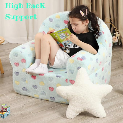 Colorful Heart Kids Sofa with Star Throw Pillow, High Back Toddler Chair Glow in The Dark for Boys and Girls, Lake Blue
