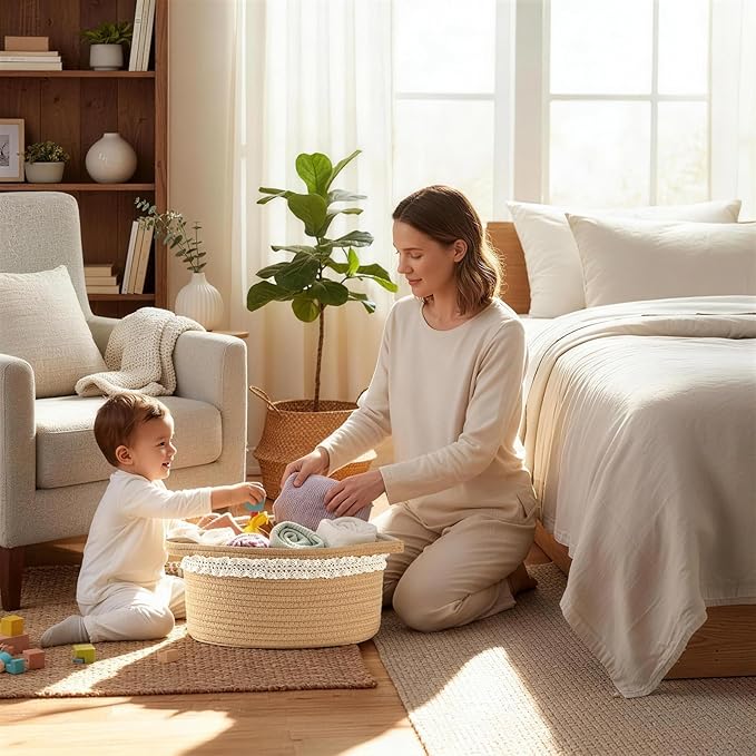 Happyiren Brown Woven Cotton Rope Storage Basket with Lace Trim, Collapsible Toy Organizer, 13" D x 8" W x 6" H, Decorative Basket for Nursery