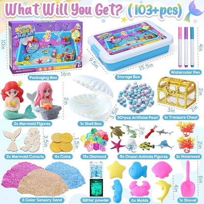 G.C Mermaid Sensory Bin for Girl Kid Toy, 103pcs Play Sand Art Kit with Sandbox/2lb Color Sand/6 Molds/Treasure Box/Shell, Ocean Sensory Toy Christmas Birthday Gift for Girl Toddler Ages 3 4 5 6 7 8