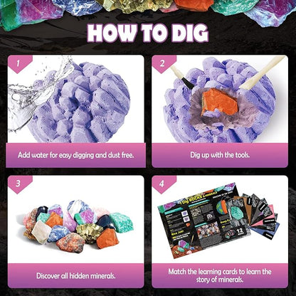 Byncceh Mineral Mining Kit Rock Mining Kit Gem Dig Kit - Dig up 12 Rock & Mineral Collection Gemstones & Crystals Dig Kit for Kids Gemology Mining Gift Rocks Minerals, Excavation Toys for Boys Girls