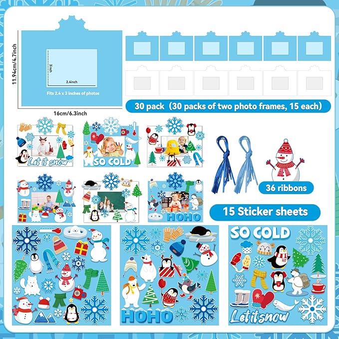 30 Pack Winter Craft for Kids Winter Picture Frame with Easel DIY Holiday SnowFlake Christmas Paper Art Crafts Kit with Stand Cardboard Photo Frames Bulks Game Acticvity for Kindergarten Preschool Kid