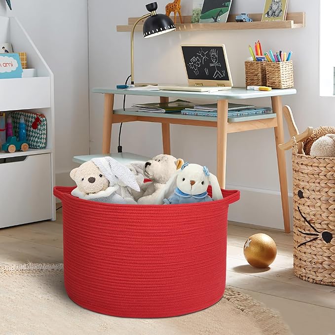MEGASKET Extra Large Red Basket for Organizing, 22" X 22" X 14" Woven Cotton Rope Bins for Blankets, Baby Nursery Wicker Laundry Basket, Kids Dog Toy Storage Box, Big Red Living Room Decor Organizer