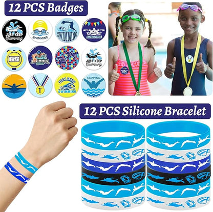 98 PCS Swimming Party Favors, Swimming Temporary Tattoos Badges Silicone Bracelets Stickers Keychains for Swimming Swim Team Sport Birthday Party Decorations Supplies Gifts for Swimmers Kids Teens