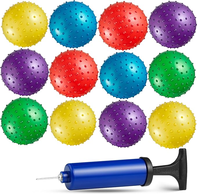 Bedwina Mini Knobby Balls - Bulk 5 Inch Sensory Balls and Spiky Massage Stress Balls with Pump, Fun Bouncy Ball Party Favors