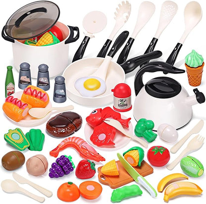 CUTE STONE Play Kitchen Accessories Toy, Play Food Sets for Kids Kitchen, Pretend Kitchen Set for Kids with Play Pots, Pans, Toddler Kitchen Playset Kitchen Toys for Girls Boys