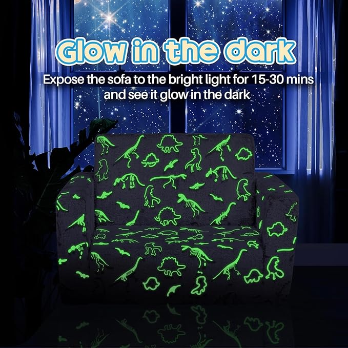 ALIMORDEN 2-in-1 Flip Out Cuddly Sherpa Toddler Couch, Convertible Sofa to Lounger, Glow in The Dark,Dinosaurs