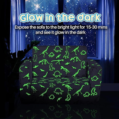 ALIMORDEN 2-in-1 Flip Out Cuddly Sherpa Toddler Couch, Convertible Sofa to Lounger, Glow in The Dark,Dinosaurs