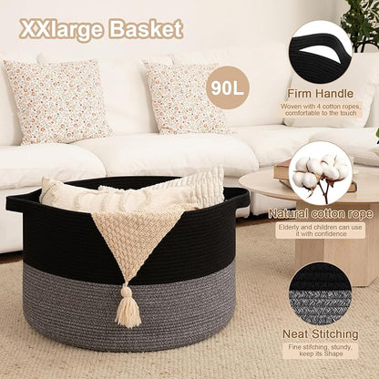 OIAHOMY 90L XXXLarge Blanket Basket for Living Room, 21.7" x 13.8" Woven Cotton Rope Laundry Basket for Organizing Pillows, Decorative Stuffed Animal Toy Storage Bin for Nursery, Black and Grey