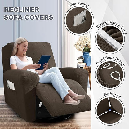 JIVINER Recliner Chair Covers, Jacquard 3 Piece Slipcovers for Recliner Chair Soft Stretch Lazy Boy 1 Seater Reclining Protector with Pockets (Recliner, Coffee)