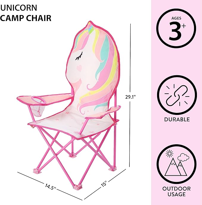 Heritage Kids Figural Unicorn Folding Kids Indoor Outdoor Beach Camp Chair with Portable Carry Case, Ages 6+