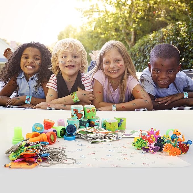108Pcs Dinosaur Party Favors for Kids Dinosaur Party Supplies, Dinosaur Goodie Bags Fillers, Dinosaur Birthday Party Favors Included Slap Bracelet Sticker Ring Keychains Stamps