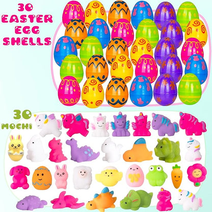30 Pack Easter Eggs Colorful Animal Dinosaur Unicorn Mochi Squishies Toys & Cute Chick Easter Basket for Toddler Kids Easter Theme Party Favor Easter Eggs Hunt Ester Basket Stuffers Boys Girls Gifts