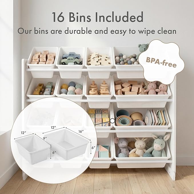 Humble Crew Toy Storage Organizer with 16 Removable Storage Bins for Kids Playroom, 4-Tier Toddler Toy Organization and Storage, White/White