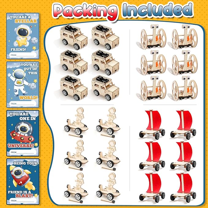 MOVINPE Valentines Day Gifts for Kids School Classroom - 24 Sets Stem Kits with Valentines Cards, Wood Craft Science Kit Valentine Exchange Gifts Space Theme Class Prizes Bulk for Boys Girls