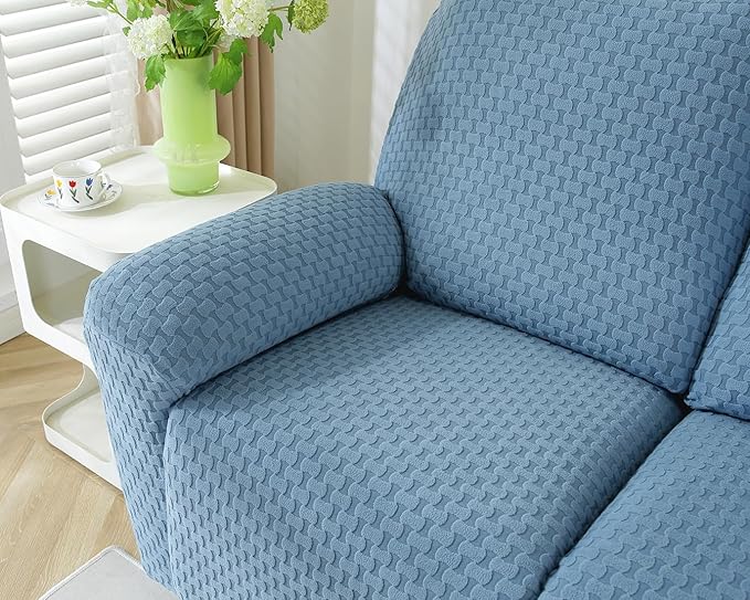 vctops 6 Pieces Jacquard Plush Recliner Loveseat Slipcover Stretch Soft Sofa Couch Cover Anti-Slip Solid Color Furniture Protector with Elastic Bottom for Kids Cats Dogs(Lake Blue,2 Seat)