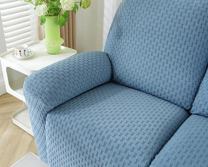 vctops 6 Pieces Jacquard Plush Recliner Loveseat Slipcover Stretch Soft Sofa Couch Cover Anti-Slip Solid Color Furniture Protector with Elastic Bottom for Kids Cats Dogs(Lake Blue,2 Seat)