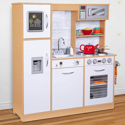 Lil' Jumbl Kids Kitchen Set, Pretend Wooden Play Kitchen, Battery Operated Icemaker & Microwave with Realistic Sound, Pots & Pan Included - Natural