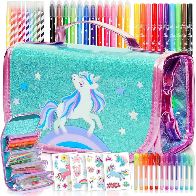 Amitié Lane Silly Scented Markers For Kids. Arts & Crafts Unicorn Gifts for Girls 6-8. Fun Kids Toys For Girls that includes Unicorn Markers, Crayons, Stickers and Carrying Case.