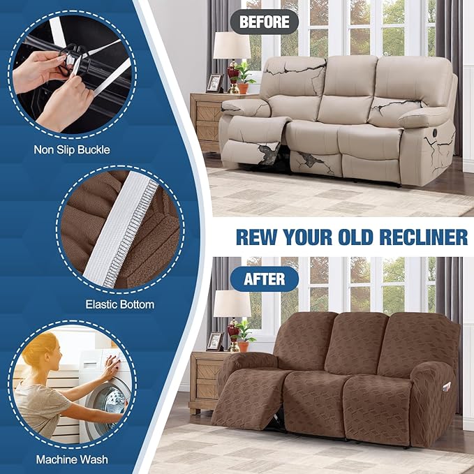 TAOCOCO Recliner Sofa Covers Stretch Reclining Couch Cover, Jacquard Recliner Couch Cover for 3 Seat Furniture Protector Sofa Slipcovers with Elastic Bottom for Kids, Pets(Brown)