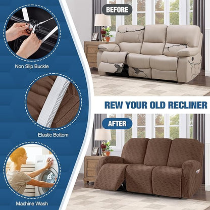 TAOCOCO Recliner Sofa Covers Stretch Reclining Couch Cover, Jacquard Recliner Couch Cover for 3 Seat Furniture Protector Sofa Slipcovers with Elastic Bottom for Kids, Pets(Brown)