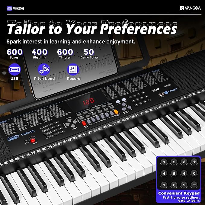 Vangoa 61 Key Keyboard Piano, Light-Up Electric Piano Keyboard Kit with 600 Voices, 400 Rhythms with Piano Stand, Microphone, Recording/USB, Gift for Beginners, Black (VGK6101)