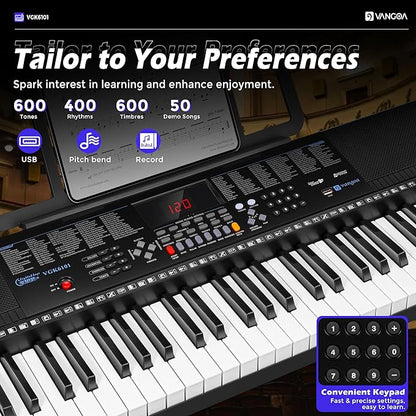 Vangoa 61 Key Keyboard Piano, Light-Up Electric Piano Keyboard Kit with 600 Voices, 400 Rhythms with Piano Stand, Microphone, Recording/USB, Gift for Beginners, Black (VGK6101)