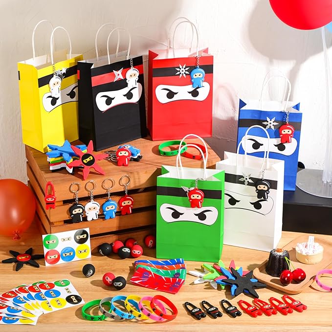 16 Guests 128 Pcs Ninja Party Favors Include Ninja Gift Bags Bouncy Balls Throwing Favors Flying Slingshot Headbands Silicone Bracelets Keychains Stickers for Ninja Birthday Party Supplies