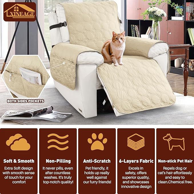 XINEAGE 100% Waterproof Recliner Chair Cover, Non Slip Covers for Recliner Chair with Pocket, Washable Dog Recliner Couch Cover with Elastic Straps (Beige, 30")