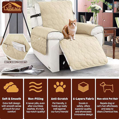 XINEAGE 100% Waterproof Recliner Chair Cover, Non Slip Covers for Recliner Chair with Pocket, Washable Dog Recliner Couch Cover with Elastic Straps (Beige, 22")