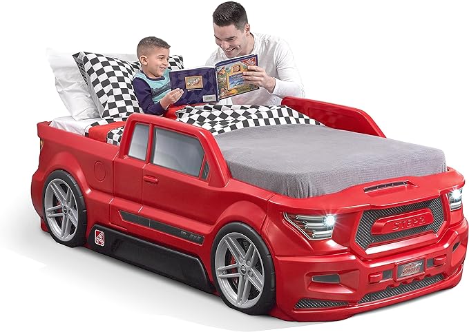Step2 Turbocharged Twin Size Truck Car Bed, Car Bed for Boys & Girls, Working Headlights & Built-In Storage, Made of Durable Plastic, For Toddlers 3+ Years Old, Vibrant Red