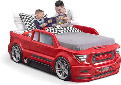 Step2 Turbocharged Twin Size Truck Car Bed, Car Bed for Boys & Girls, Working Headlights & Built-In Storage, Made of Durable Plastic, For Toddlers 3+ Years Old, Vibrant Red