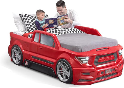 Step2 Turbocharged Twin Size Truck Car Bed, Car Bed for Boys & Girls, Working Headlights & Built-In Storage, Made of Durable Plastic, For Toddlers 3+ Years Old, Vibrant Red