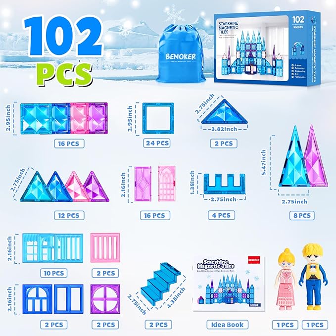 102pcs Frozen Castle Magnetic Tiles - 3D Diamond Building Blocks, STEM Educational Kids Toys for Pretend Play, 3 4 5 6 7 8 Year Old Girl Birthday Gifts for Your Princess and Prince