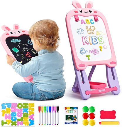 Adjustable Standing Toddler Art Easel with educatinal Accessories for Kid,4-in-1 Double-Side Magnetic Chalkboard&Whiteboard,Dry Eraser Board,Detachable&Portable,Ideal Birthday Gift for2-4,Bunny