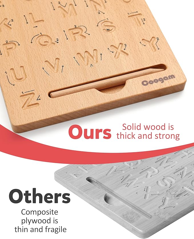 Coogam Wooden Letters Practicing Board, Double-Sided Alphabet Tracing Tool Learning to Write ABC Educational Toy Game Fine Motor Montessori Gift for Preschool 3 4 5 Years Old Kids