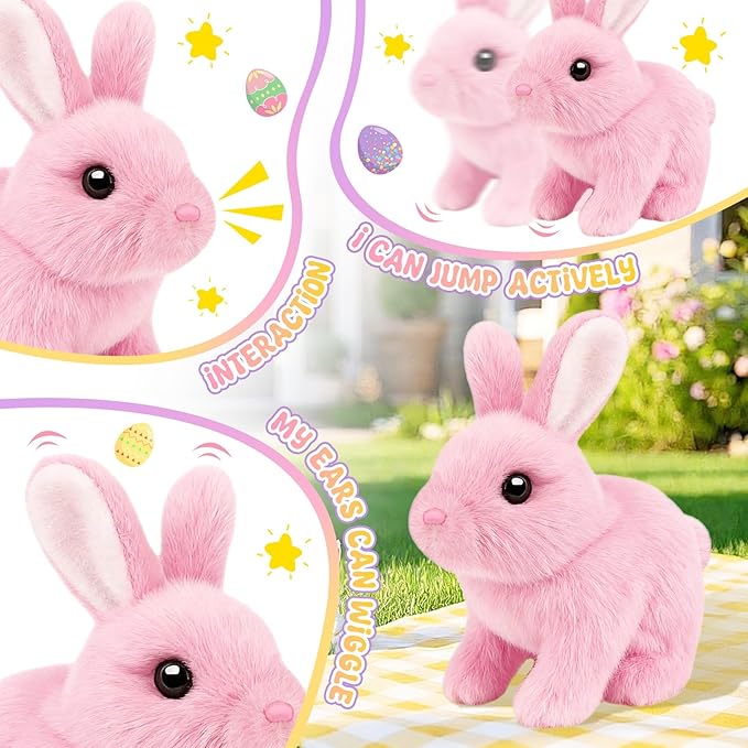 Realistic Bunny for Kids - Interactive Hopping Bunny Toy Set with Bunny Ears, Electric Lifelike Robot Rabbit that Move, Walking Barking and Wagging Tail Bunby Stuffed Animal with Sounds, Pink