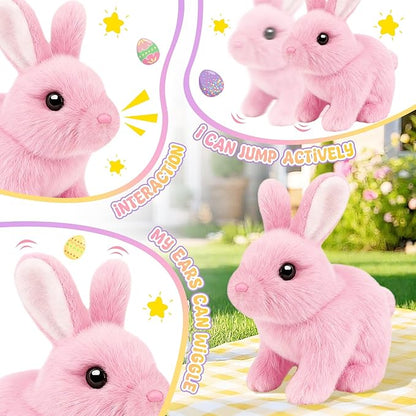 Realistic Bunny for Kids - Interactive Hopping Bunny Toy Set with Bunny Ears, Electric Lifelike Robot Rabbit that Move, Walking Barking and Wagging Tail Bunby Stuffed Animal with Sounds, Pink