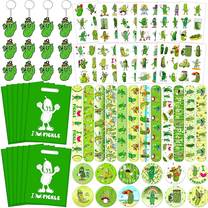 Funny Pickle Party Favors, Funny Pickle Temporary Tattoos Slap Bracelets Badges Keychains Gift Bags for Pickle Birthday Party Decorations Supplies for Kids Adults Boys Girls Classroom Rewards
