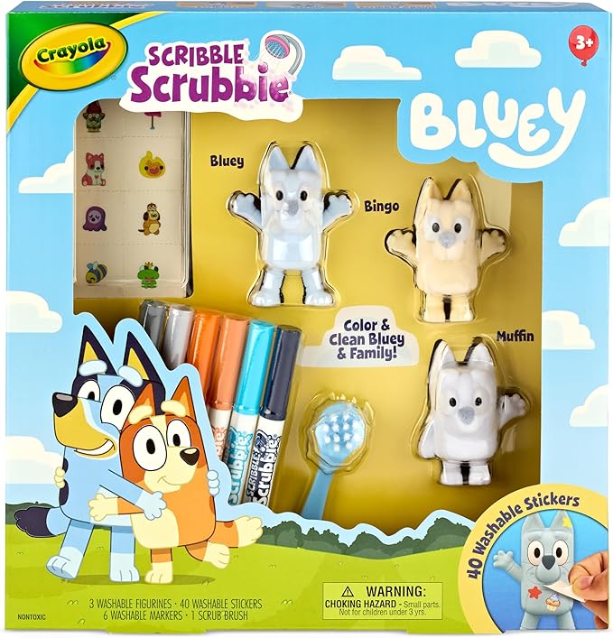 Crayola Scribble Scrubbies Deluxe Bluey Playset (3ct), Toddler Arts & Crafts Kit, Washable Stickers, Bluey Toys, Gift for Girls & Boys, Ages 3+