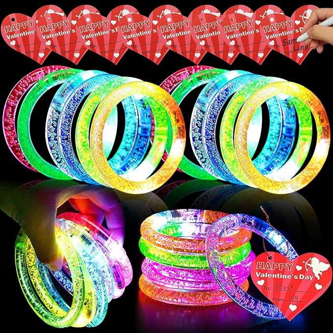 AMENON 24 Pack Valentines Day Gifts for Kids Glow In The Dark LED Bracelets with Valentines Cards for Kids Light UP Bracelets Valentines Classroom Gifts Exchange School Carnival Prizes Party Favor